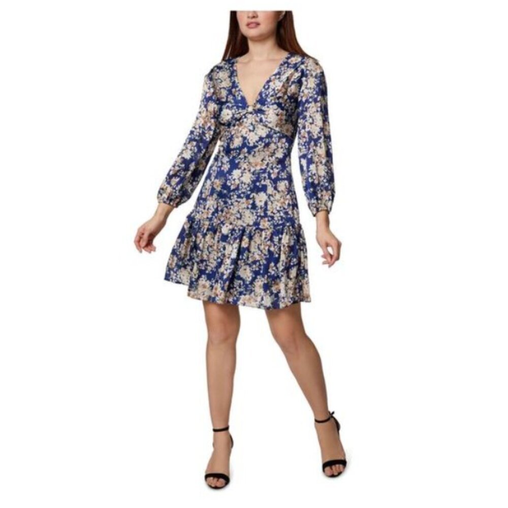 New Sage Collective Blue Yellow Floral V Neck Ruffle Hem Dress size 10 Feminine